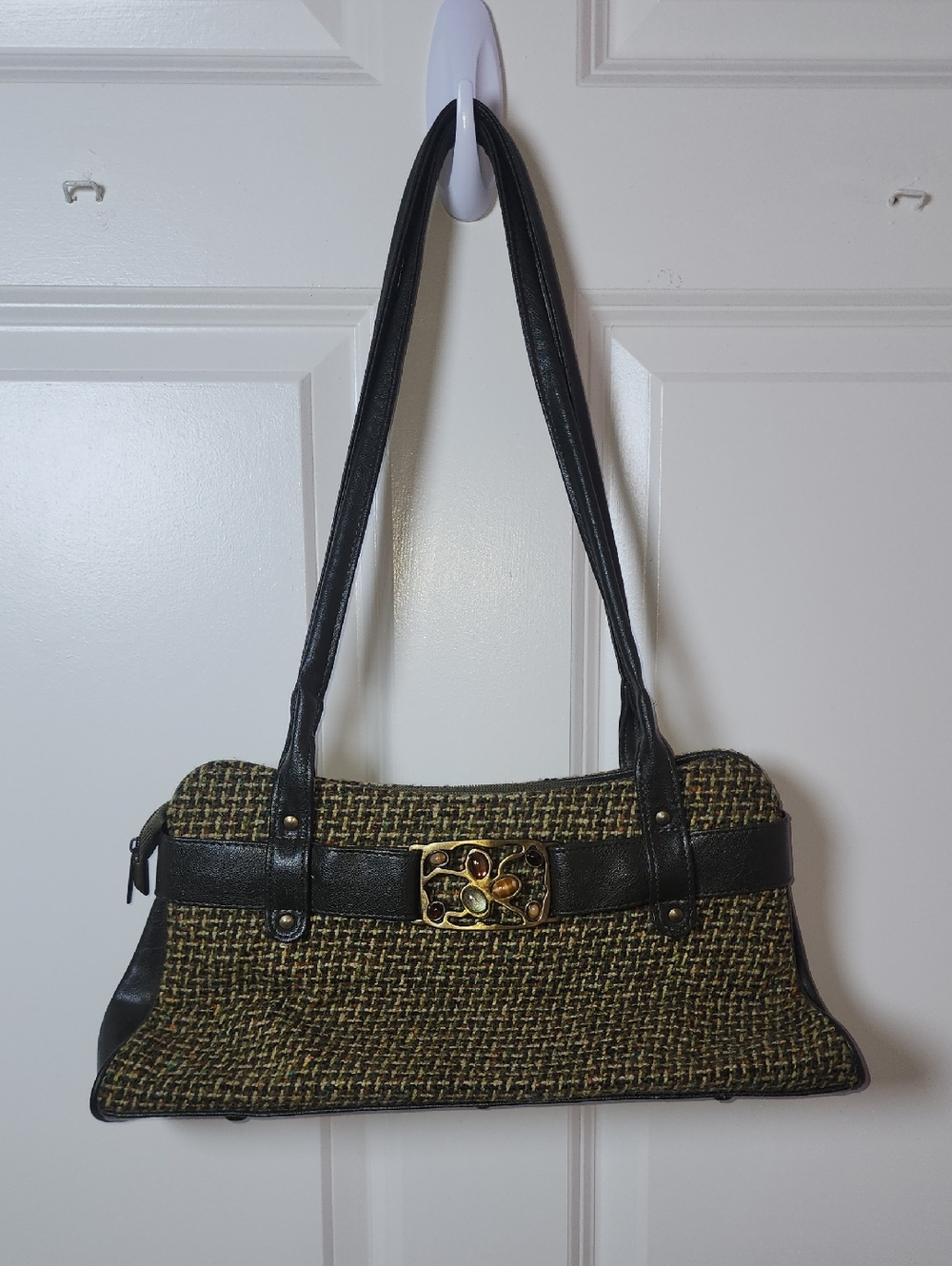 Black and Olive Tweed Shoulder Bag with Decorative Buckle Accent